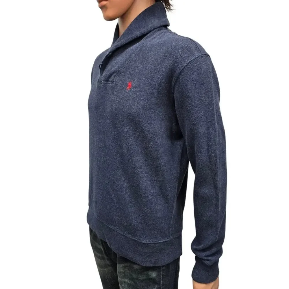 Polo Ralph Lauren Sweater Shawl Neck 2 Button Pullover Men M Blue Red Pony
